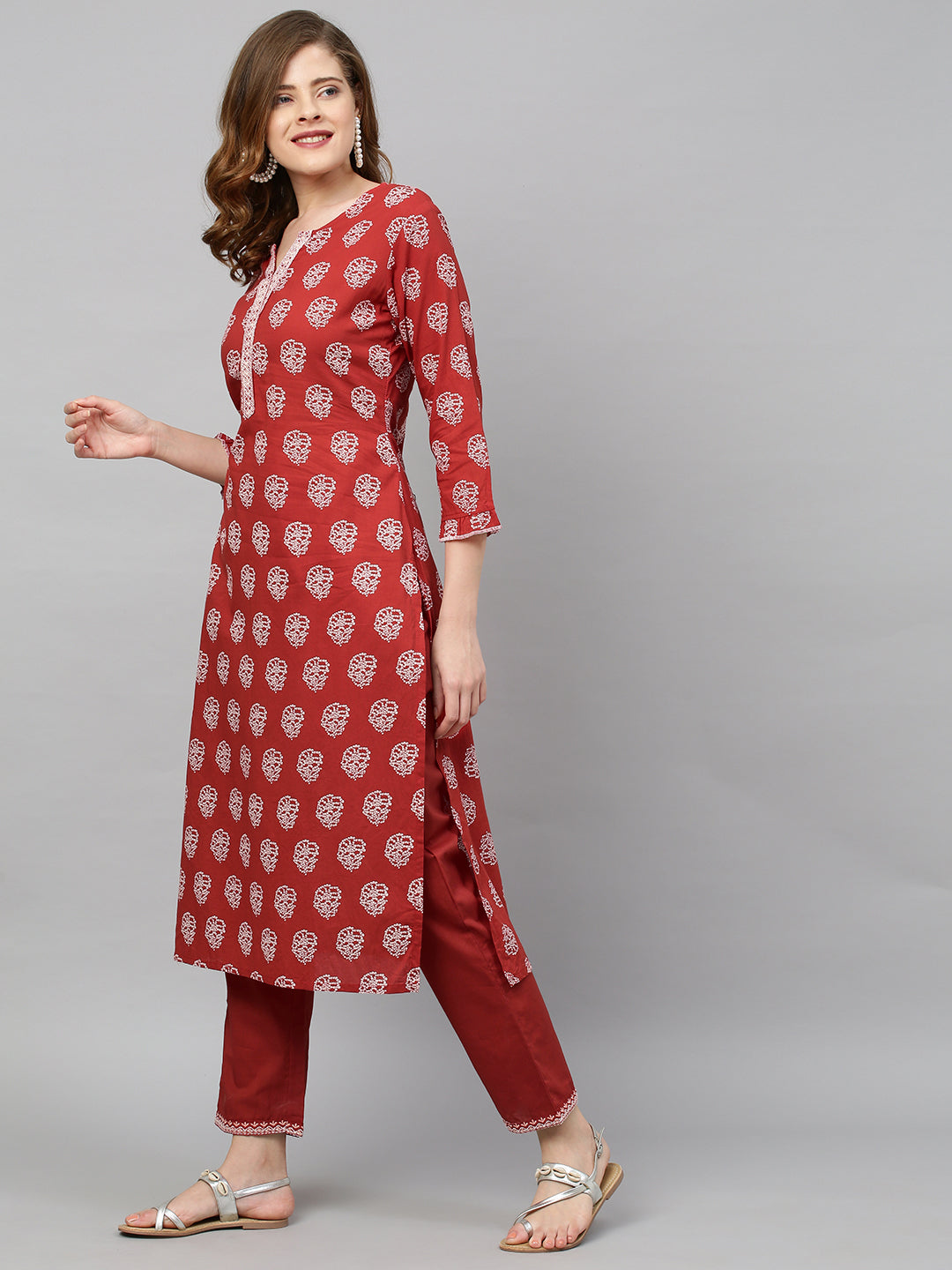 Ethnic Printed Straight Fit Kurta with Pants - Red