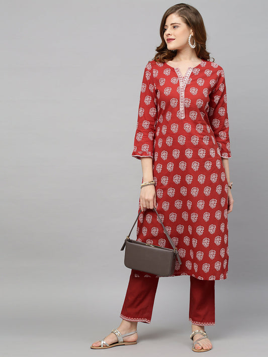 Ethnic Printed Straight Fit Kurta with Pants - Red