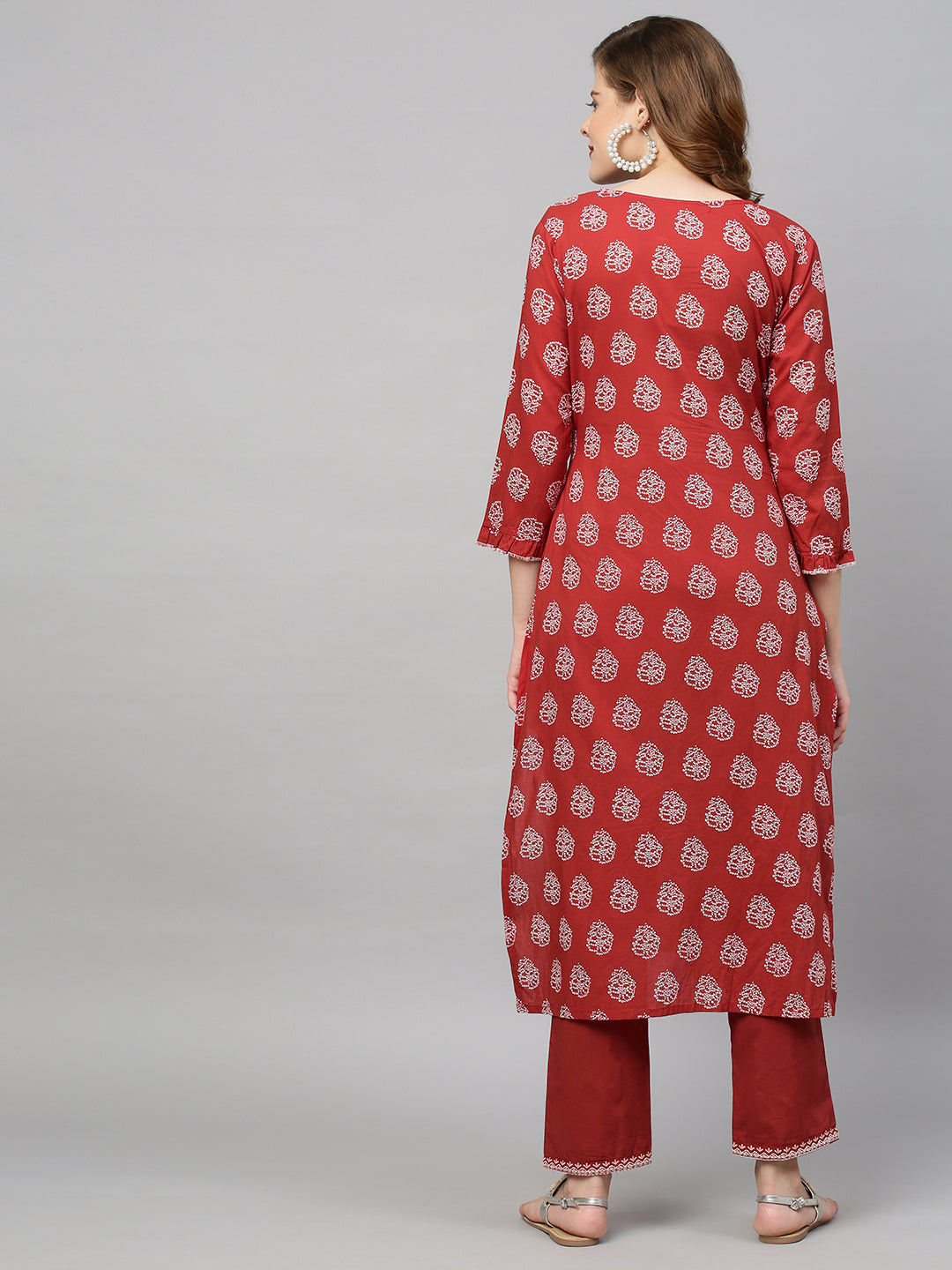 Ethnic Printed Straight Fit Kurta with Pants - Red