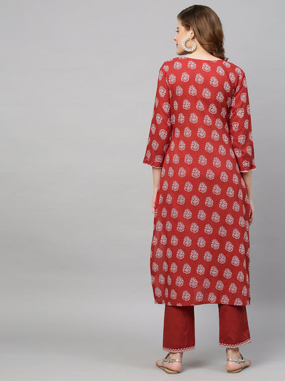 Ethnic Printed Straight Fit Kurta with Pants - Red