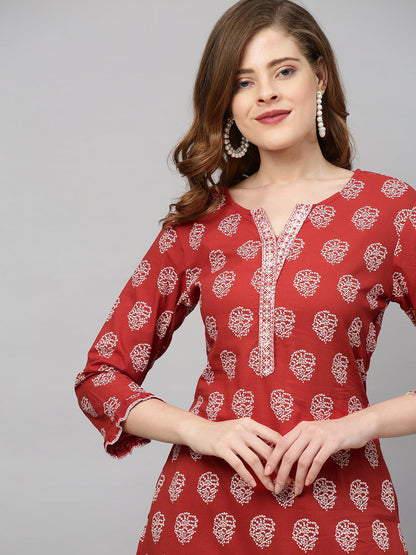 Ethnic Printed Straight Fit Kurta with Pants - Red