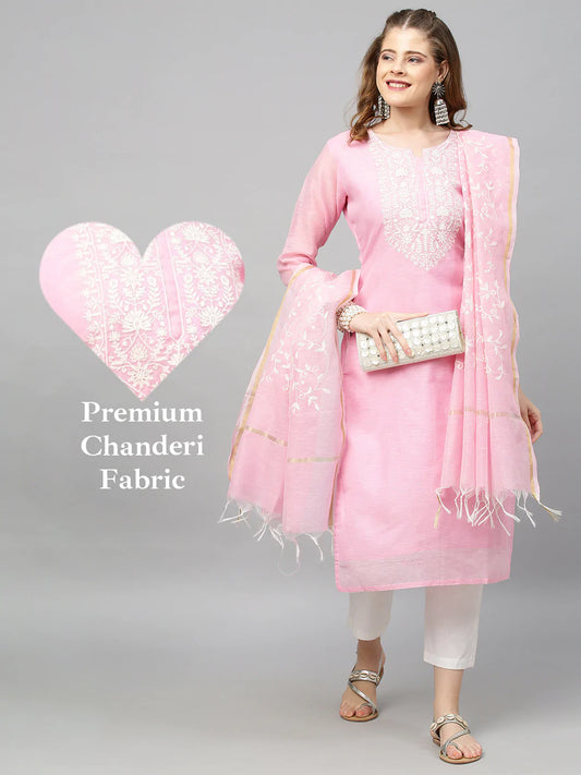 Ethnic Embroidered Straight Kurta with Dupatta - Pink
