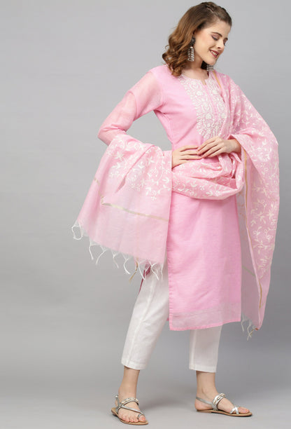 Ethnic Embroidered Straight Kurta with Dupatta - Pink