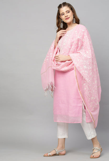 Ethnic Embroidered Straight Kurta with Dupatta - Pink