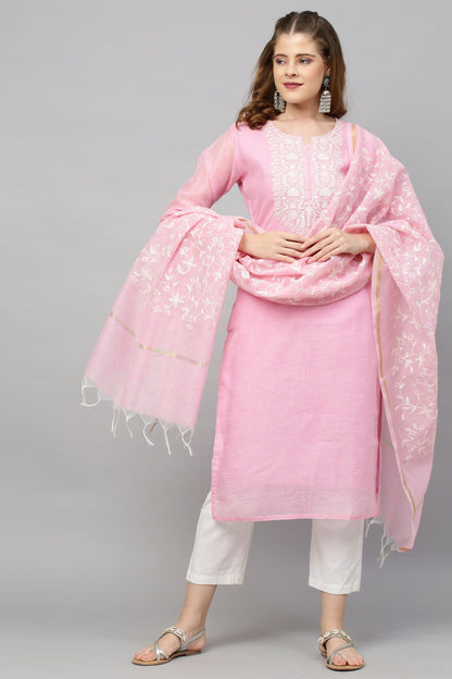 Ethnic Embroidered Straight Kurta with Dupatta - Pink