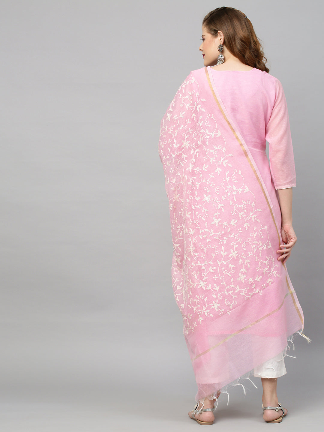 Ethnic Embroidered Straight Kurta with Dupatta - Pink