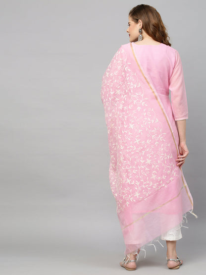 Ethnic Embroidered Straight Kurta with Dupatta - Pink