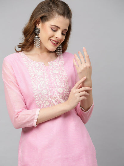 Ethnic Embroidered Straight Kurta with Dupatta - Pink
