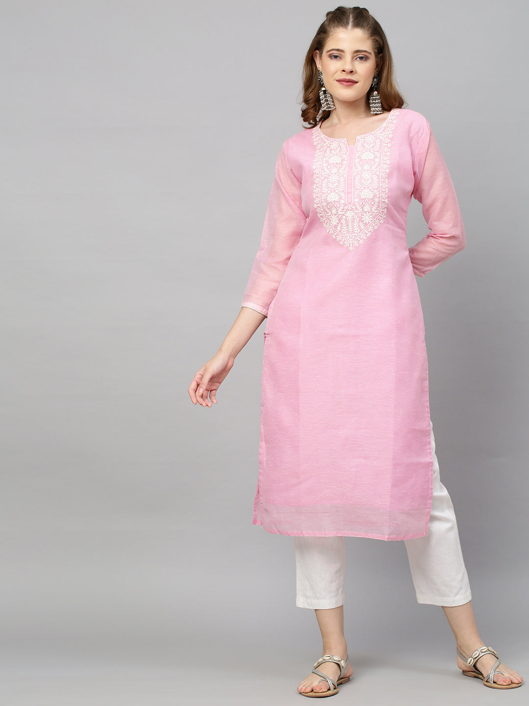 Ethnic Embroidered Straight Kurta with Dupatta - Pink