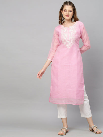 Ethnic Embroidered Straight Kurta with Dupatta - Pink