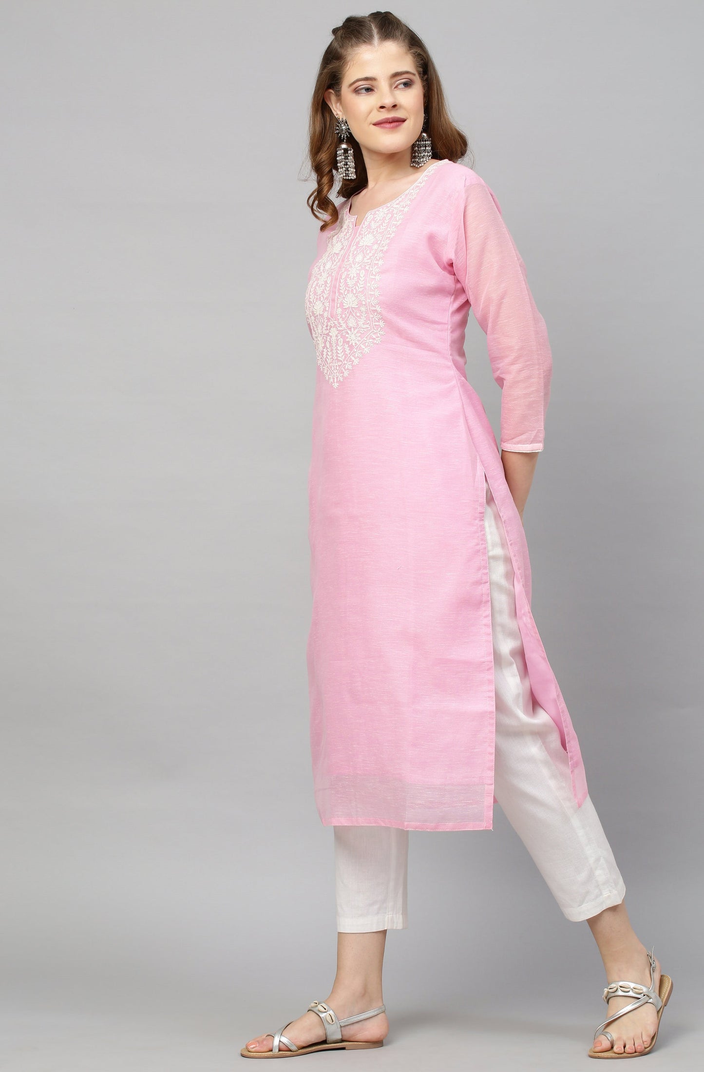 Ethnic Embroidered Straight Kurta with Dupatta - Pink