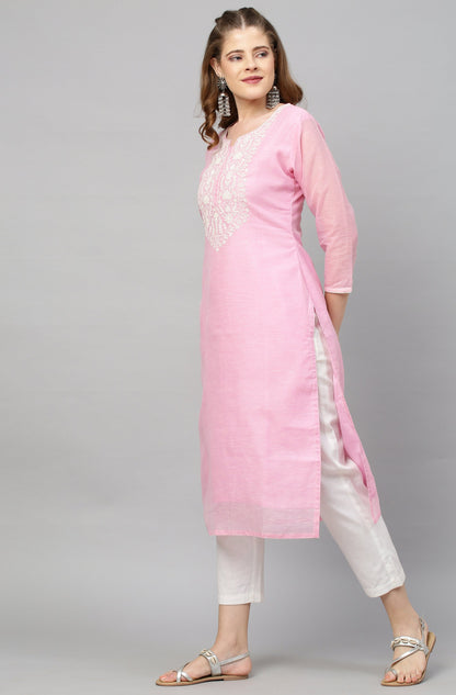 Ethnic Embroidered Straight Kurta with Dupatta - Pink