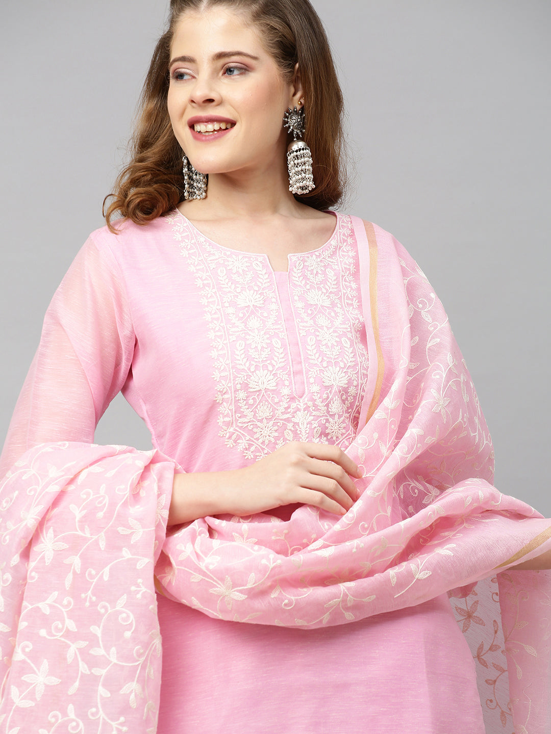 Ethnic Embroidered Straight Kurta with Dupatta - Pink