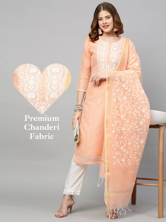 Ethnic Embroidered Straight Kurta with Dupatta - Peach