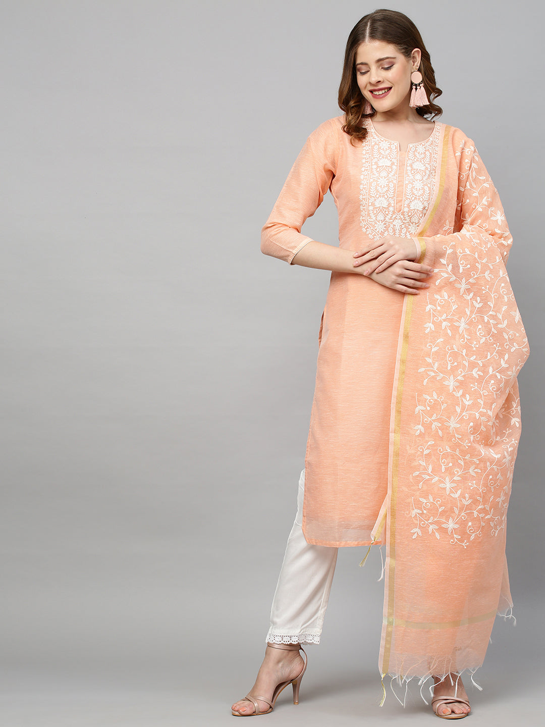 Ethnic Embroidered Straight Kurta with Dupatta - Peach
