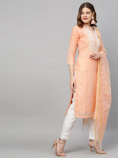 Ethnic Embroidered Straight Kurta with Dupatta - Peach