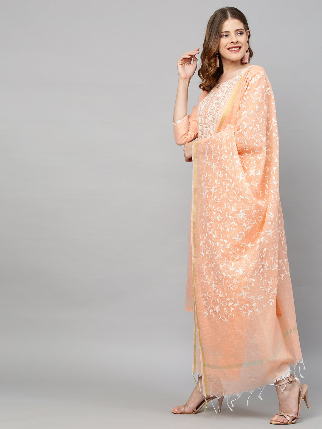 Ethnic Embroidered Straight Kurta with Dupatta - Peach