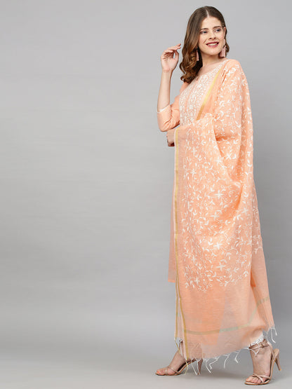 Ethnic Embroidered Straight Kurta with Dupatta - Peach