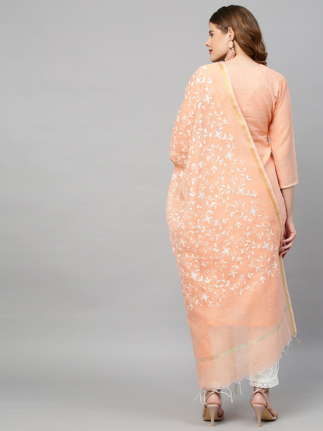 Ethnic Embroidered Straight Kurta with Dupatta - Peach