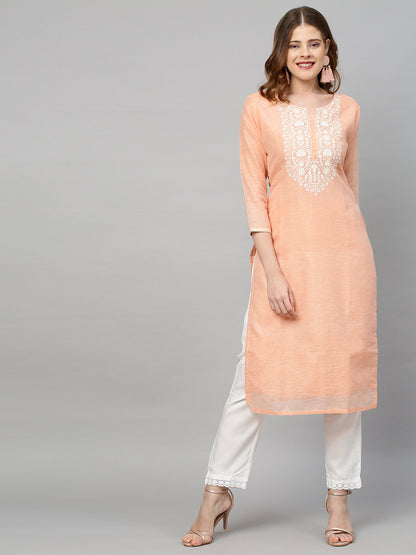 Ethnic Embroidered Straight Kurta with Dupatta - Peach
