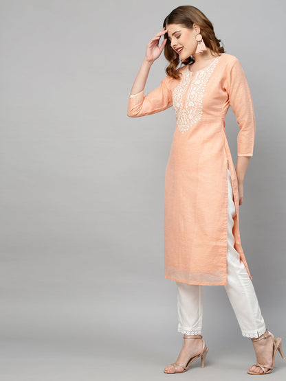 Ethnic Embroidered Straight Kurta with Dupatta - Peach