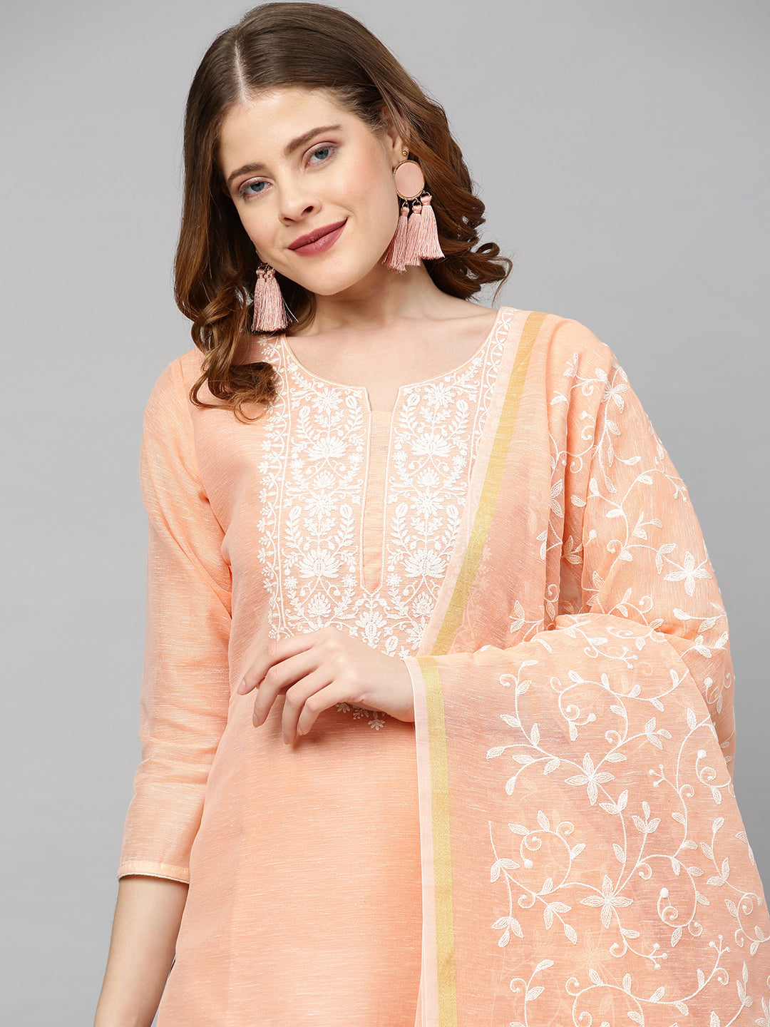 Ethnic Embroidered Straight Kurta with Dupatta - Peach
