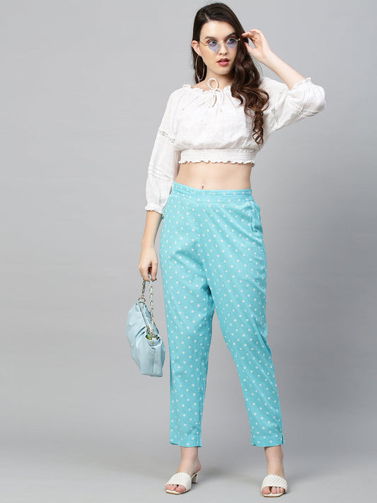 Floral Printed Straight Pant - Aqua Blue