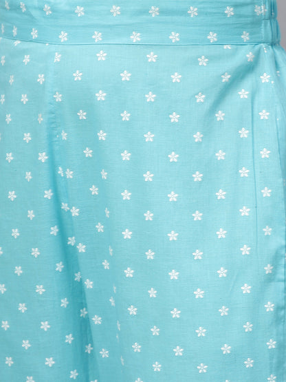 Floral Printed Straight Pant - Aqua Blue