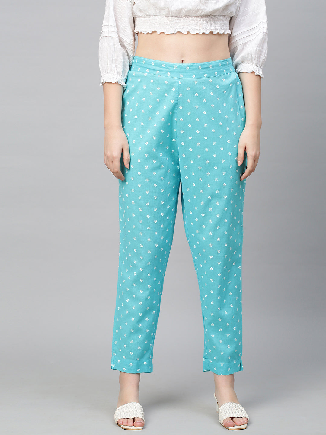 Floral Printed Straight Pant - Aqua Blue