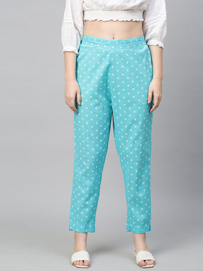 Floral Printed Straight Pant - Aqua Blue