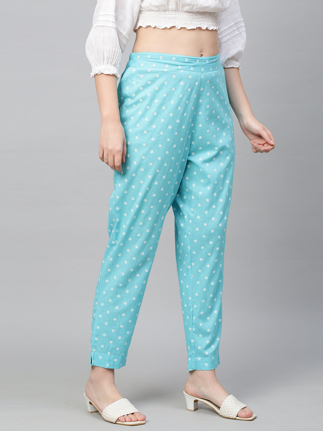 Floral Printed Straight Pant - Aqua Blue