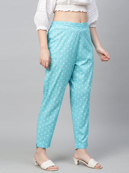 Floral Printed Straight Pant - Aqua Blue