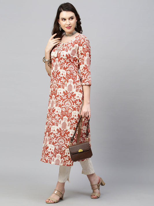 Ethnic Printed & Embroidered Straight Fit Kurta - Brick Red