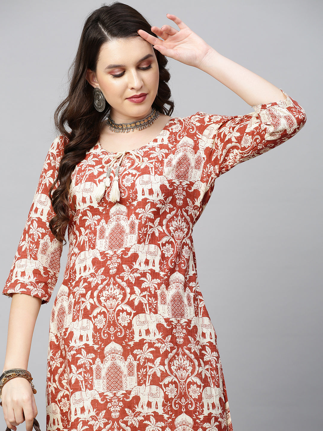 Ethnic Printed & Embroidered Straight Fit Kurta - Brick Red