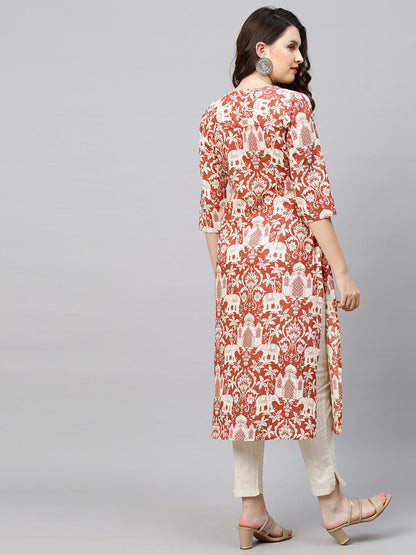 Ethnic Printed & Embroidered Straight Fit Kurta - Brick Red