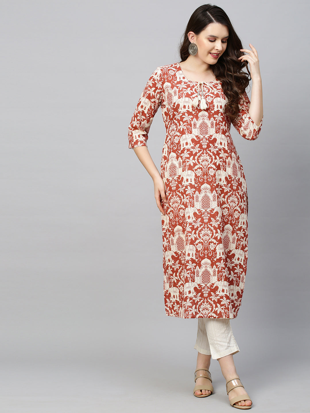 Ethnic Printed & Embroidered Straight Fit Kurta - Brick Red