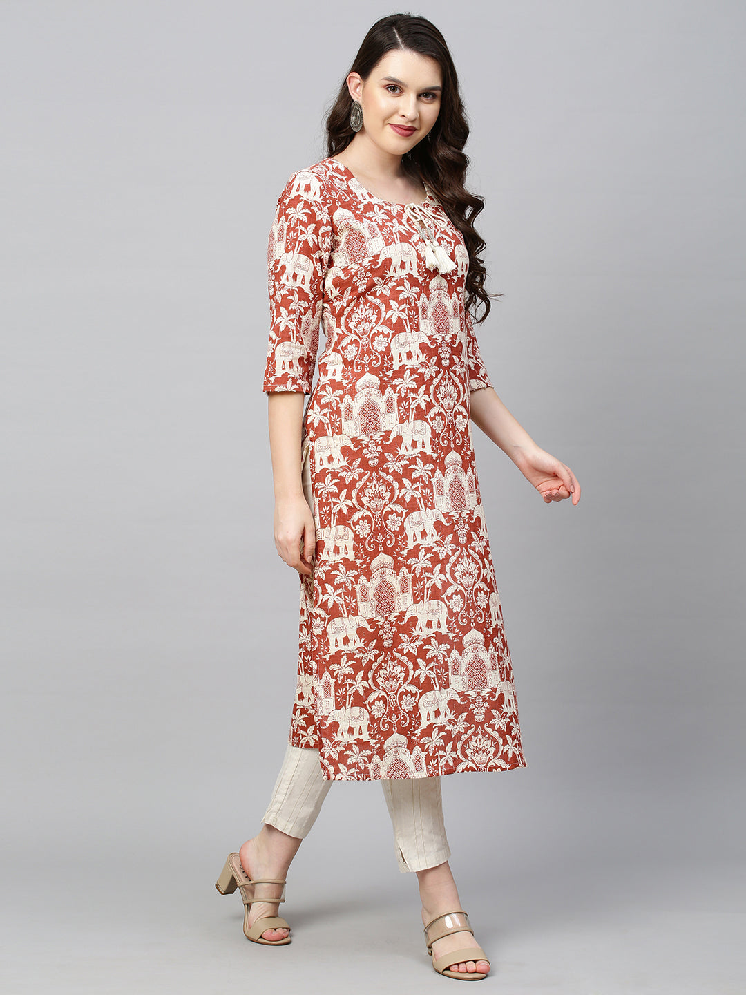 Ethnic Printed & Embroidered Straight Fit Kurta - Brick Red