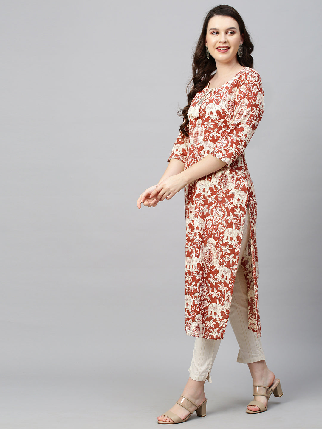 Ethnic Printed & Embroidered Straight Fit Kurta - Brick Red