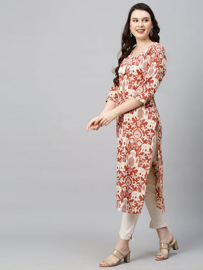 Ethnic Printed & Embroidered Straight Fit Kurta - Brick Red