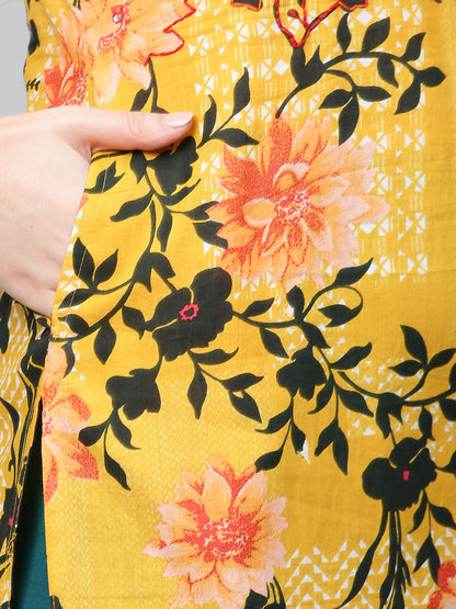 Floral Printed & Hand Embroidered Straight Fit Kurta - Yellow