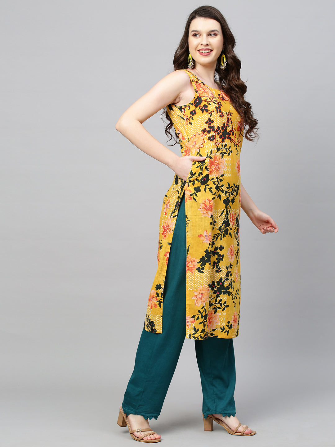 Floral Printed & Hand Embroidered Straight Fit Kurta - Yellow