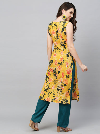 Floral Printed & Hand Embroidered Straight Fit Kurta - Yellow