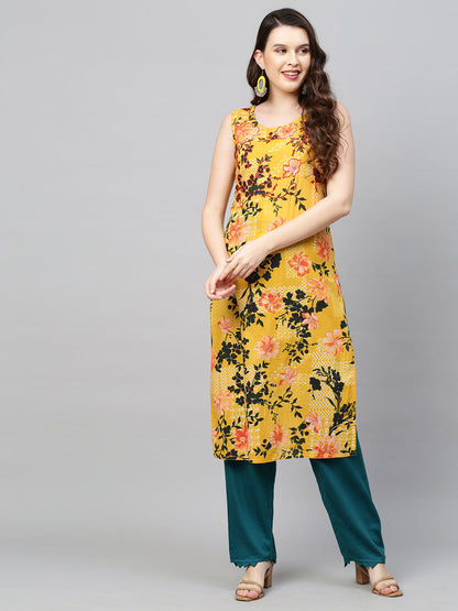 Floral Printed & Hand Embroidered Straight Fit Kurta - Yellow