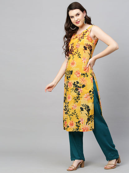 Floral Printed & Hand Embroidered Straight Fit Kurta - Yellow