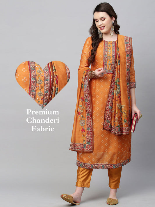 Bandhani Printed & Hand Embroidered Straight Kurta with Pants & Dupatta - Mustard