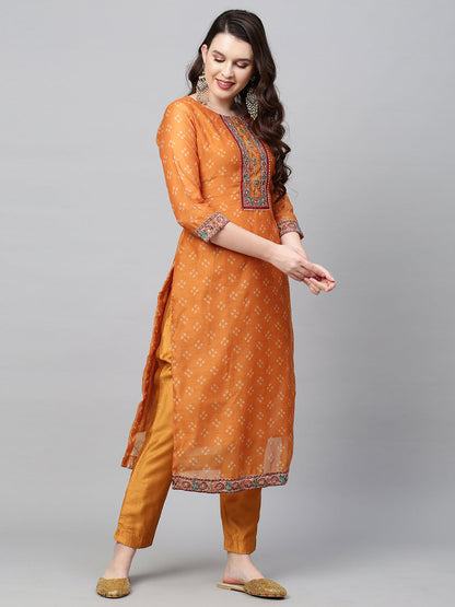 Bandhani Printed & Hand Embroidered Straight Kurta with Pants & Dupatta - Mustard