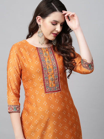 Bandhani Printed & Hand Embroidered Straight Kurta with Pants & Dupatta - Mustard