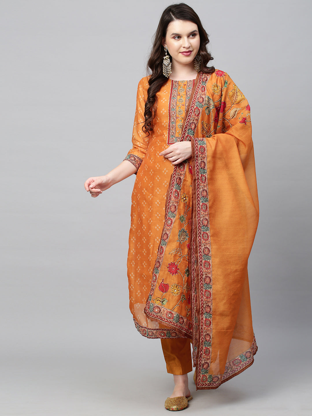 Bandhani Printed & Hand Embroidered Straight Kurta with Pants & Dupatta - Mustard