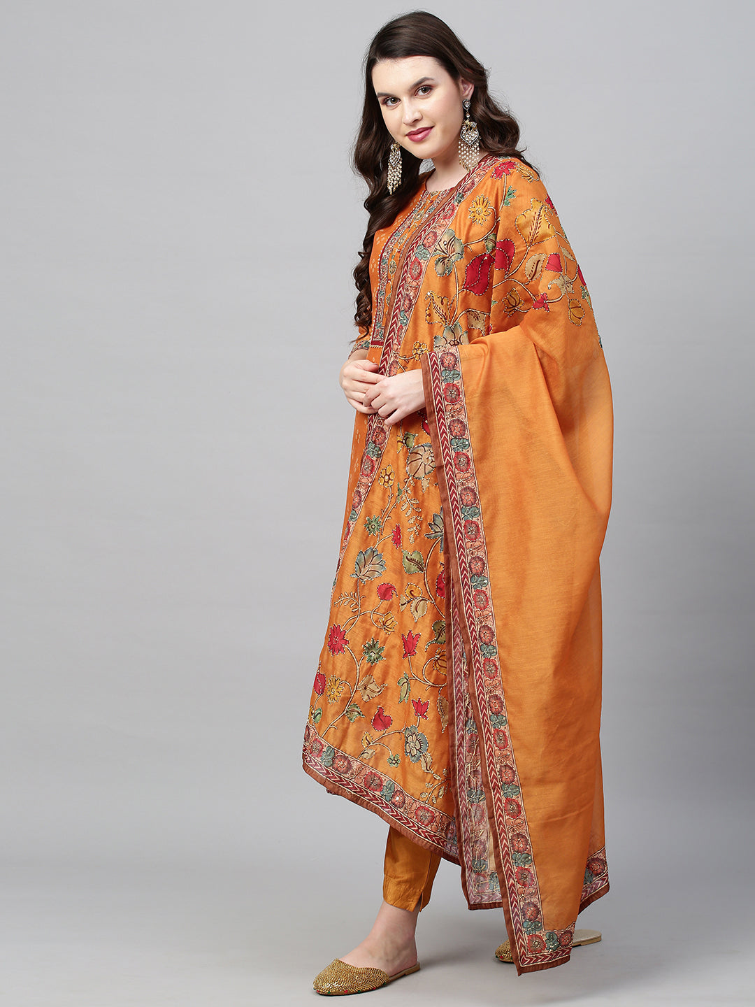 Bandhani Printed & Hand Embroidered Straight Kurta with Pants & Dupatta - Mustard