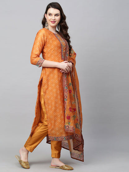 Bandhani Printed & Hand Embroidered Straight Kurta with Pants & Dupatta - Mustard